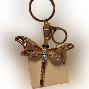 Gold Dragonfly Keychain with Pink Crystal Accents Bagcharm